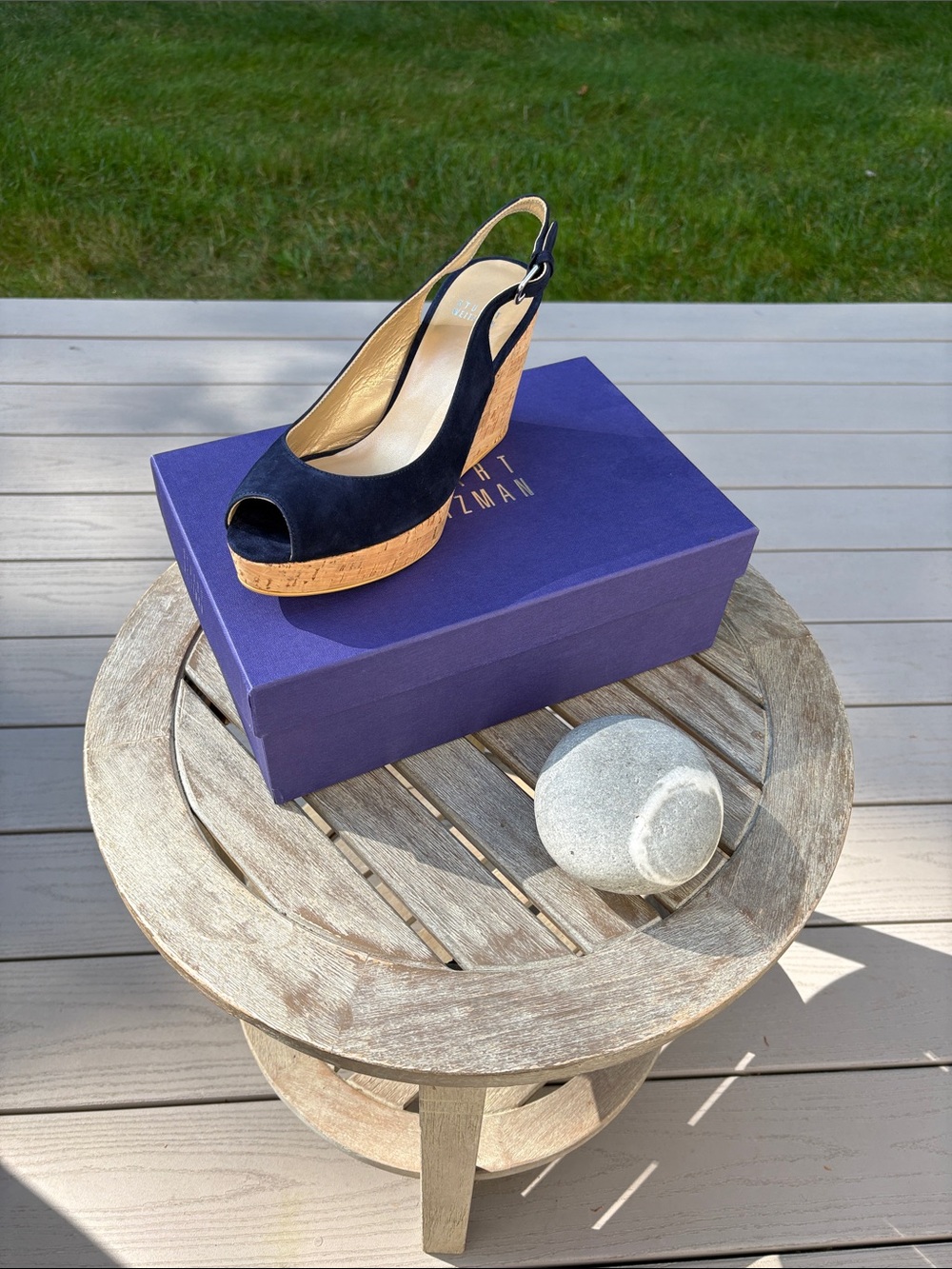 Stuart Weitzman Navy Suede Cork Wedge Slingback